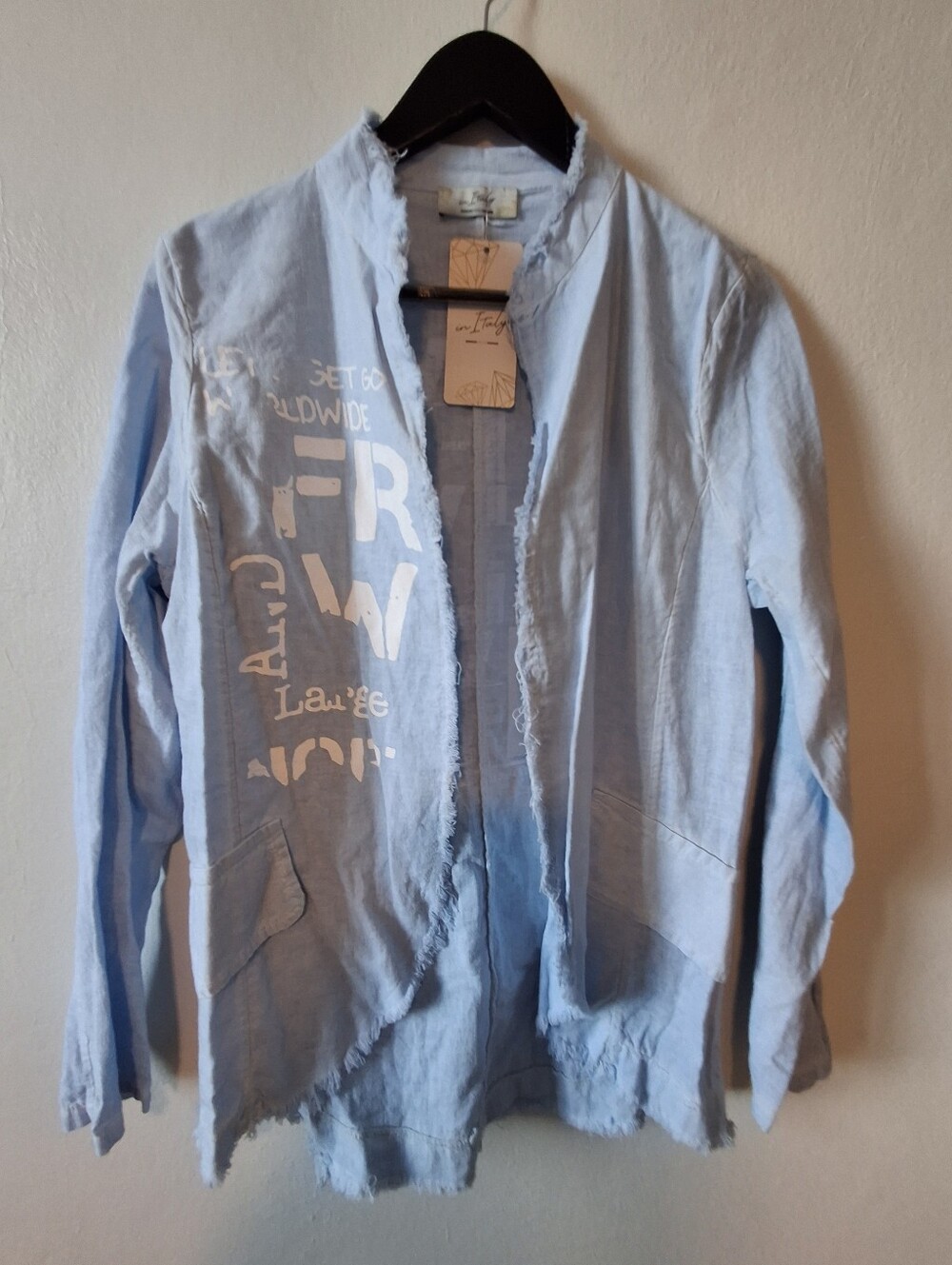 ITALIAN Light Blue Open-Front Frayed Blazer Jacket